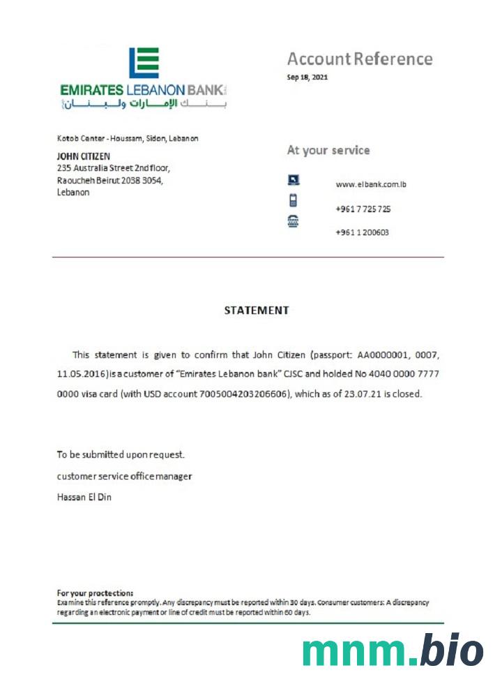 Lebanon Emirates Lebanon Bank closure reference example in Word and PDF formats